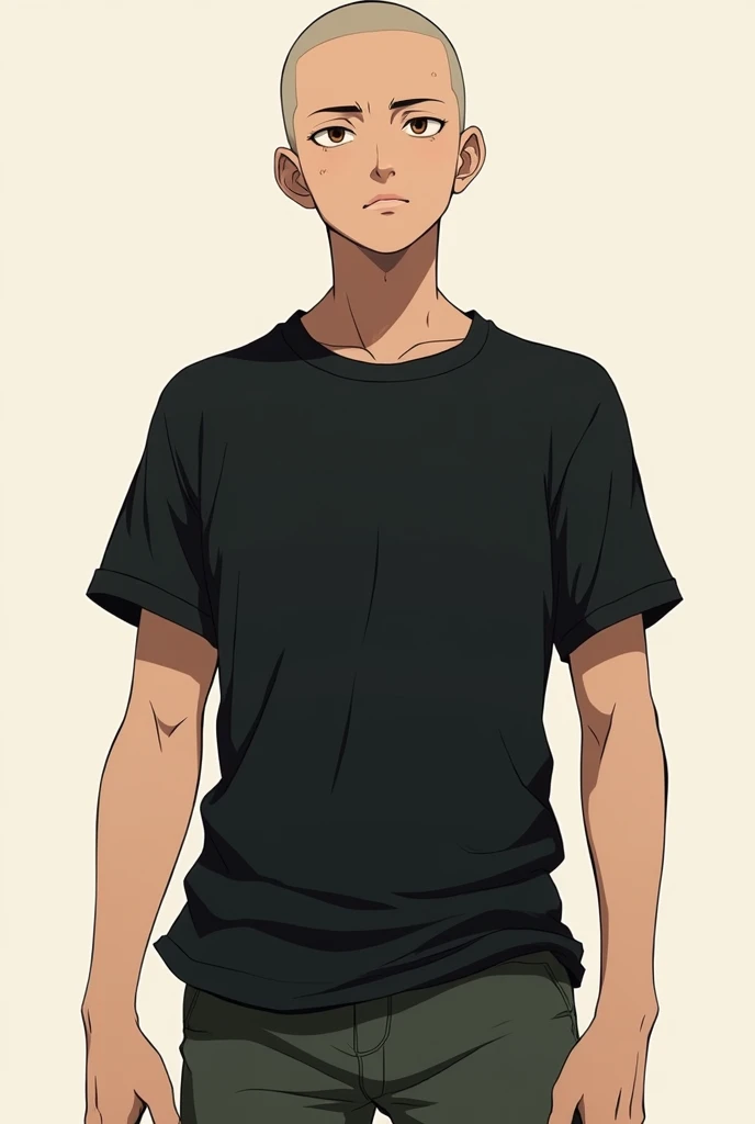 Create an original anime character, black tee, short hair almost bald, Youngh 20 anos, fighting style, Scrawny. low hair, male, Youngh 