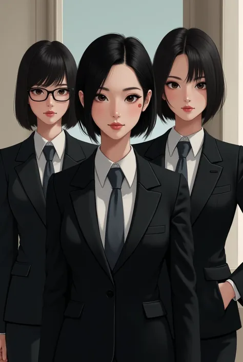 A 3 woman, you knew, white, oriental-like, slim, short black hair, eyes black, scar above left eye wearing a black business suit with a gray tie