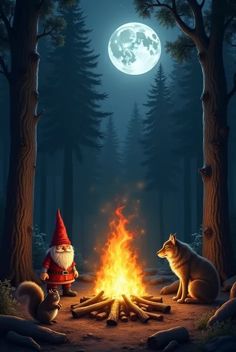 (photorealism:1.2)a bonfire  in a dense dark and forest on a full moon night. Around the bonfire  a gnome, an owl, a squirrel and a wolf.
realistic 