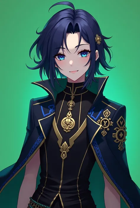 "Create a VTuber character design for a male character in anime style, blending Thai cultural elements with a dark, mysterious vibe. The character should have the following features, and the background should be a green screen (Green Screen) for easy compo...