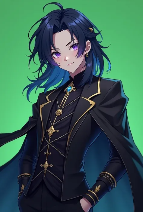 "Create a VTuber character design for a male character in anime style, blending Thai cultural elements with a dark, mysterious vibe. The character should have the following features, and the background should be a green screen (Green Screen) for easy compo...