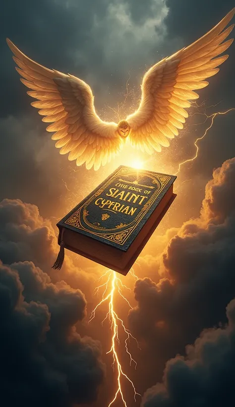 (Ultrarealistic 8k Image, improves quality) "A stunning cover featuring the Book of Saint Cyprian floating amidst a brilliant golden light that cuts through the surrounding darkness, as if it were a mystical revelation. The book is surrounded by enigmatic ...