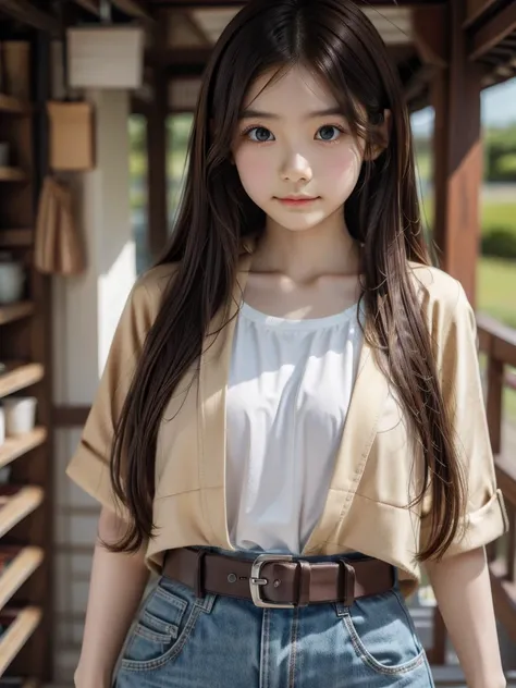 One person, chest, 大きなchest, , Jersey naik long hair, Brown Hair, belt、