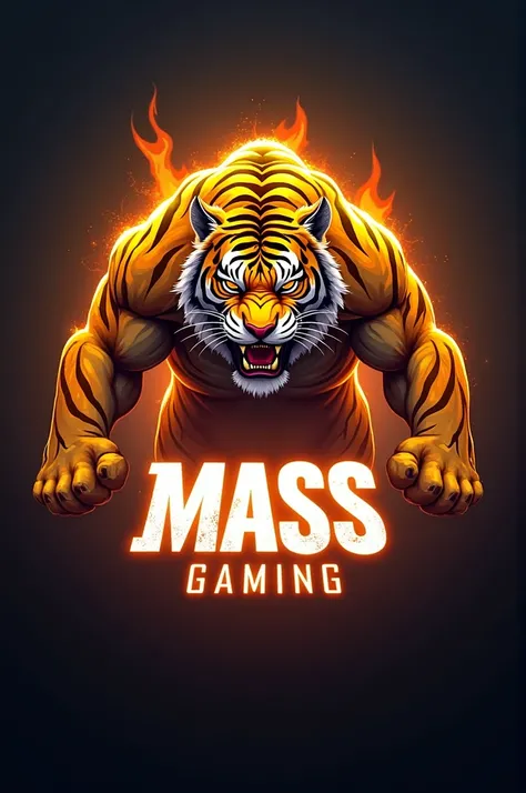 Design a vibrant 3D gaming logo: a fierce yellow monster tiger with a captivating glow. Place “MASS” in bold white at the center, radiating intensity, and position “Gaming” below for a luminous touch. Convey power and excitement in a dynamic visual.