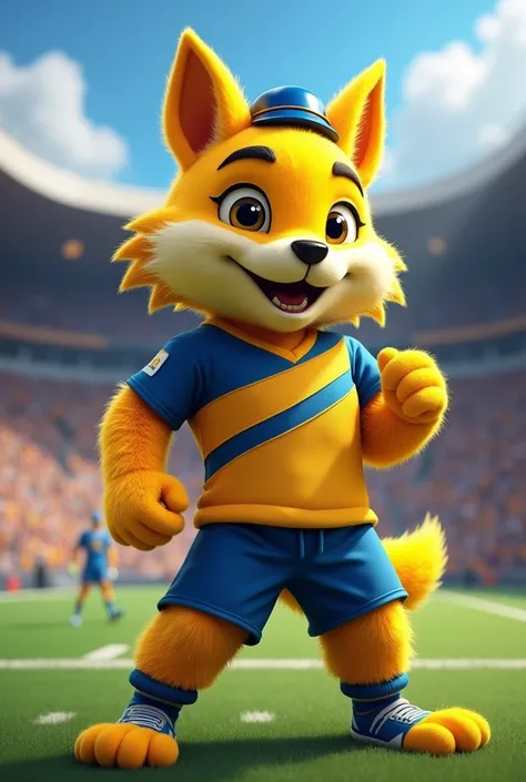 A mascot for a local football team and its clothing is yellow and a little blue