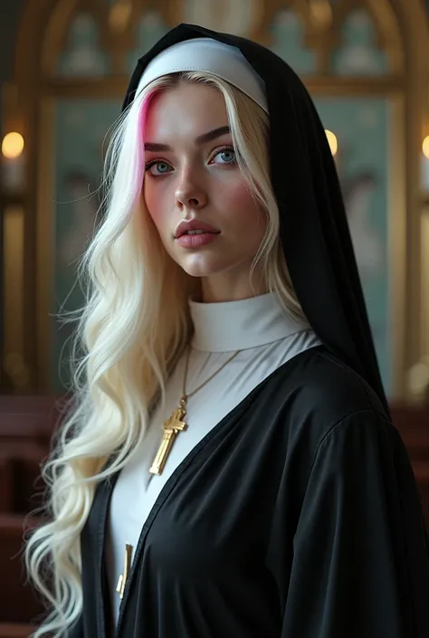 KAAROOL face white light skin, gray eyed, with long blonde hair and pink tips, round thick matte lips, Colombian broad eyebrows dressed in a sexy nun&#39;s robe in a church 