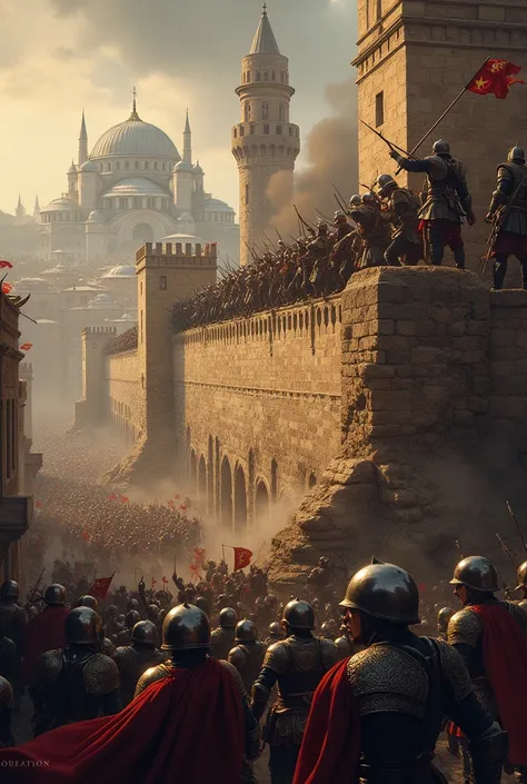 "Illustrate the 1453 conquest of Istanbul: Ottoman soldiers scaling the city walls while Byzantine defenses are falling."