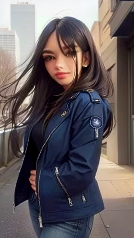 Straight, medium-length hair, navy blue jacket stylishly zipped, standing outdoors with urban scenery in the background. Natural lighting from the front with soft shadows. Casual and relaxed atmosphere.