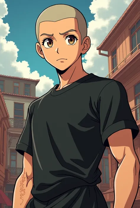 Create an original anime character, black tee, short hair almost bald,kind,Youngh 20 anos, fighting style, Scrawny. low hair, male, Youngh, fighting anime 