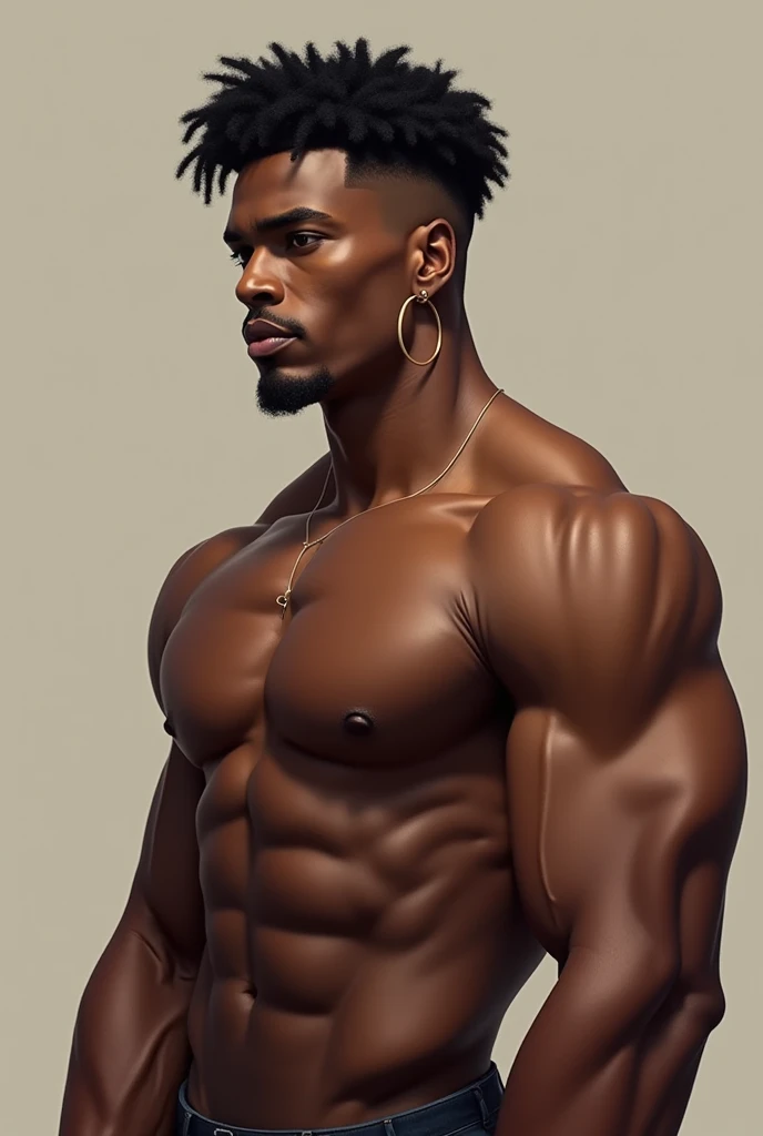 Black man with curly hair, with a defined body that wears earrings 