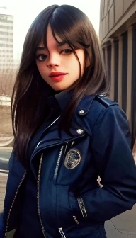 Straight, medium-length hair, navy blue jacket stylishly zipped, standing outdoors with urban scenery in the background. Natural lighting from the front with soft shadows. Casual and relaxed atmosphere.