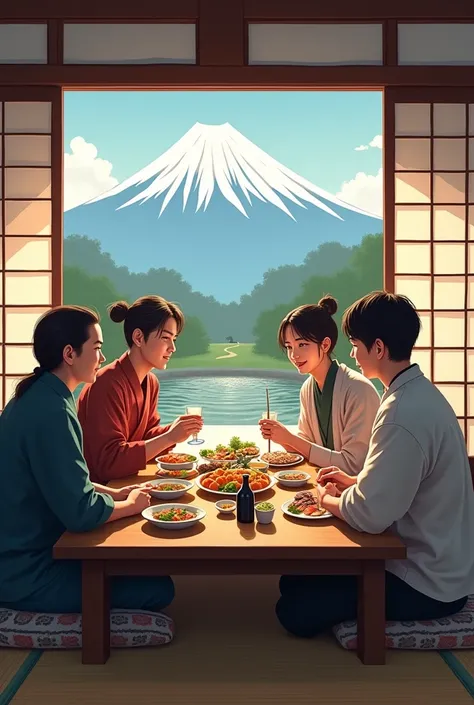 A close-knit group of friends sharing a traditional Japanese meal in a tatami room with sliding shoji doors. The table is set with sushi, sashimi, tempura, miso soup, and sake, arranged with meticulous care. They are seated near a zen garden with a view of...