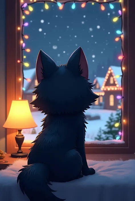 Create a chibi style black wolf sitting down, viewer can only see back view of wolf, back view, sitting down in front of a window, snowy night with nostalgic bright colorful christmas lights and beautiful houses in background,black fur, nostalgic warm yell...