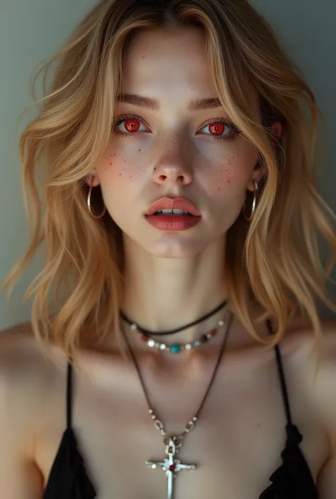 1 girl ( Lisa Blackpink ), low 1,65 tall, blonde, wavyhair, sample neckline, inverted crucifix necklace, Eyes red, freckles, earring and mouth piercing