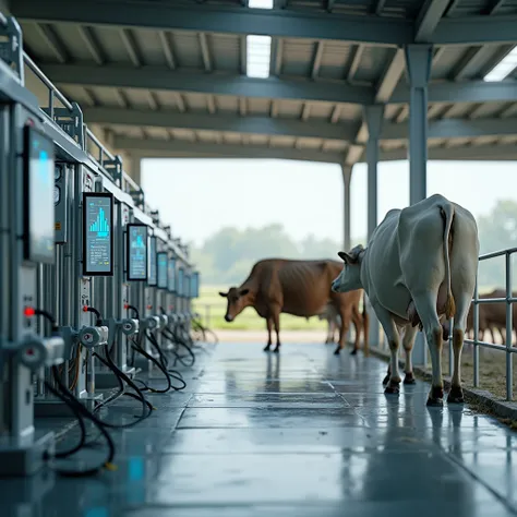 On a modern dairy farm, robots and sensors work to extract milk from cows and buffaloes. Robots stand beneath the cows, and sensors measure the quality and quantity of their milk. A large screen shows the milking process, and a data analytics system tracks...