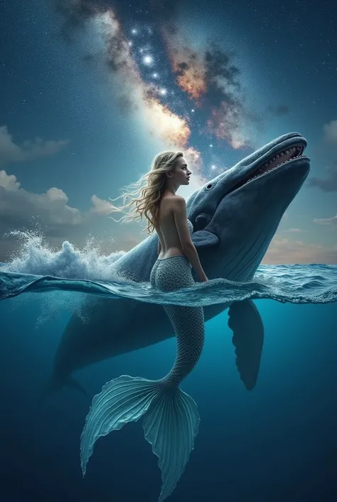 Beautyful mermaid close on walhe, background night galaxy, fly to the moon