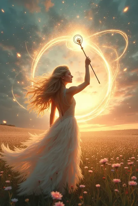 Under a twilight sky, the last remnant of daylight reflects on a vast plain covered in vibrantly colored flowers that shine like stars. At the center, a young girl is standing, her wavy hair like a cascade of golden silk that shines in the wind. She wears ...