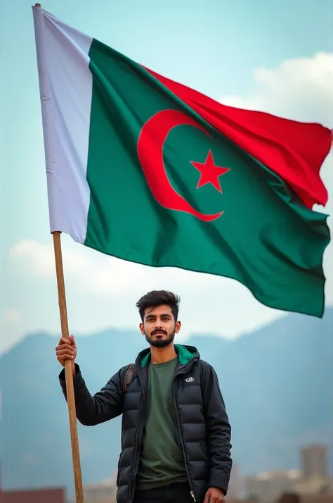 A young man holding a flag in his hand, the color of the flag is blue, green, red, the flag of Balochistan HD photo