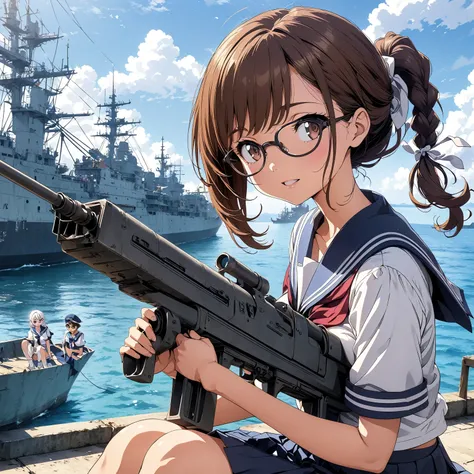 anime character, school uniform, blue and white sailor outfit, (large breasts), long brown hair, (low ponytail, one braid:1.2), white hair accessories, (brown eyes, glasses), holding a large machine gun, seated, looking to the side, ships in the background...