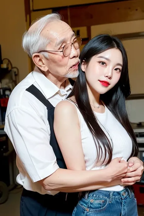 (((1 old korean man and 1 young korean girl having a deep kiss))), {1 korean girl is 20 years old, strikingly beautiful, black hair, delicate facial features, red lips,expressive eyes, perfect anatomy, best quality, shiny skin, (skinny, slender body:1.2), ...