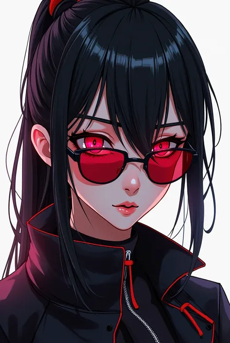 A young woman with long black hair tied up, with a red eyes, with sunglasses , cyberpunk clothing aesthetics, アニメ, HD, 4K