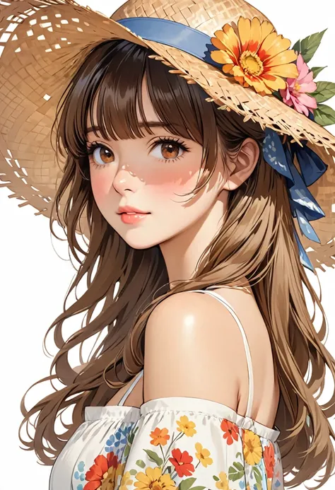 a drawing of a woman with lots of pretty hair and a big straw hat on her head, 1girl, solo, hat, straw hat, long hair, looking at viewer, white background, flower, parted lips, brown eyes, bangs, upper body, blush, simple background, bare shoulders