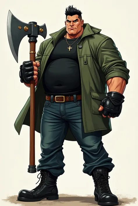 In the Human Comics style, create a full-body character, Godri, is an eighteen-year-old young man, fat, broad, very strong and muscular, he had a determined look and an imposing presence. with straight, black hair combed upwards. He wears a short moss gree...