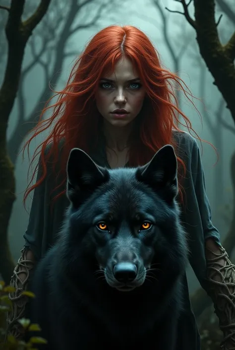 Create a red-haired witch with torn clothes who is helpless in the dark forest, and with a black wolf behind her protecting her, with both of them looking at the camera 