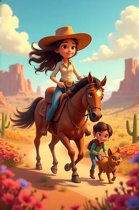 Pixar-style poster of a cowgirl with curly hair riding a horse and another girl helping a dog 