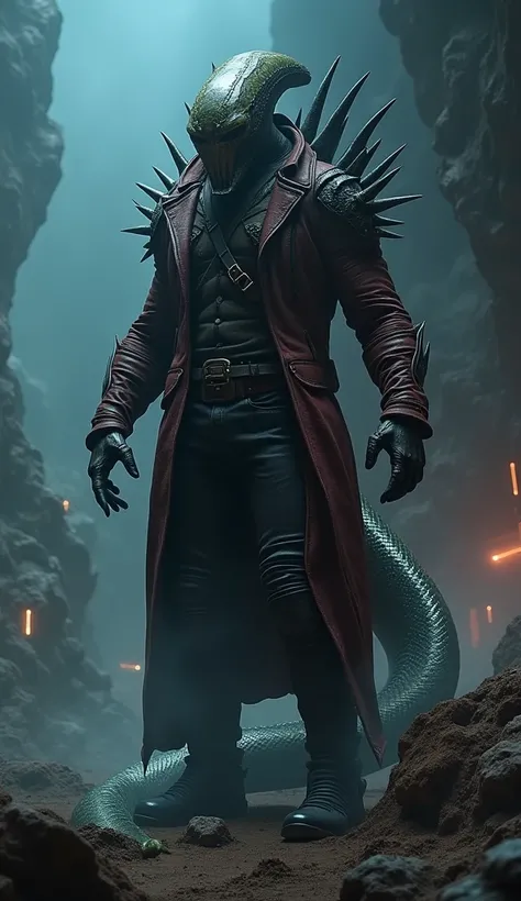 Star-Lord with Xenomorph features like a tail and spikes, in a dark, alien environment with an ominous atmosphere. Mid-shot, neon, eerie lights, unsettling suspense.