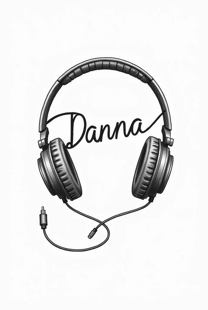 Black and white drawing of headphones and the cable forming the word danna
