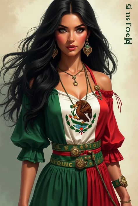 A woman, dressed in green, white and red, black hair, with chiquis names and with the Mexican flag 
