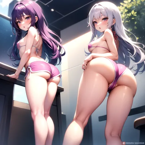 1girl,silver hair,dark skin,purple hair, dolphin shorts, pink shorts, looking back, ass, pantyshot,, masterpiece, best quality, highly detailed
 ,ชุดรัดรูป, camel toe, โชว์กางเกงใน , โชว์หน้าอก, หัวนม, mini bikini,