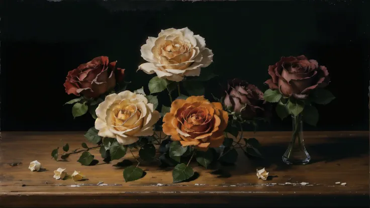 best quality, masterpiece, (no human:1.5), flowers, old background, oil drawing,