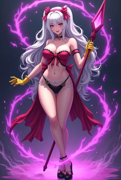 female character. wearing red bandeau top made out of red ribbon. black underwear. long white wavy hair. pink headband. yellow gloves. black floral heels, she has a poison super power. everything is purple poison around her. carrying a poisonous spear. evi...