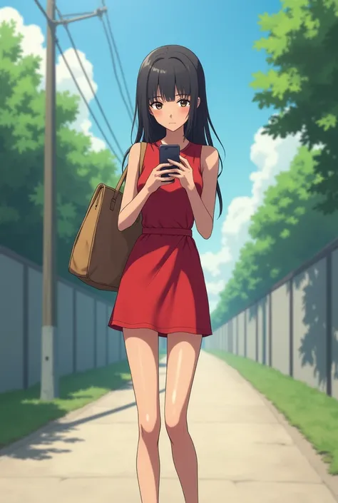 of the highest quality、masterpiece、High sensitivity、High resolution, anime girl Detailed description、Thin women、on the road、While looking at your phone、Carrying a big bag, She is wearing a short red dress, They are standing