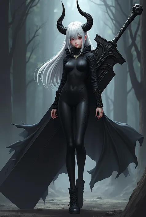 Anime girl in black tight clothes, Boots, big black sword on his back, horns on the head, white hair and spiked bracelets