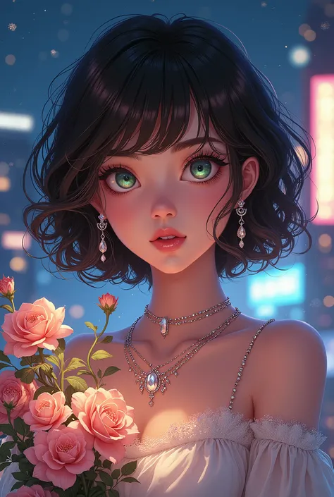 A girl with an angelic face, age seventeen. 
 skin fair, curled hair! short dark brown, clear green eyes, carrying flowers, looking happy 
with modern clothes delicate and cute/sporty chic. shy, 
(Realistic comic style), wearing a crop top, sparkling jewel...