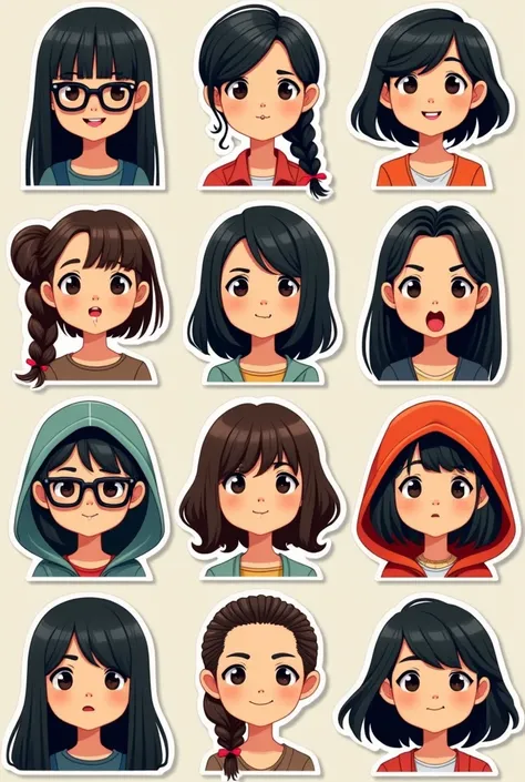 Set of 12 stickers with different emotions,Retro simple background, American style propaganda poster, Black Hair, Brown Hair, Wear glasses, Hood worn, Braid, Long Hair, Bun Hair, Deco bangs, 