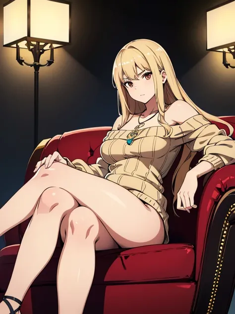 1girl in, age19, Solo, Long hair, Colossal , Looking at sider, blondehair, Bare shoulders, Brown eyes, jewely, Full body, a necklace, off shoulders, Sweaters, Realistic, A sexy, sit down , sofa, crossed legs