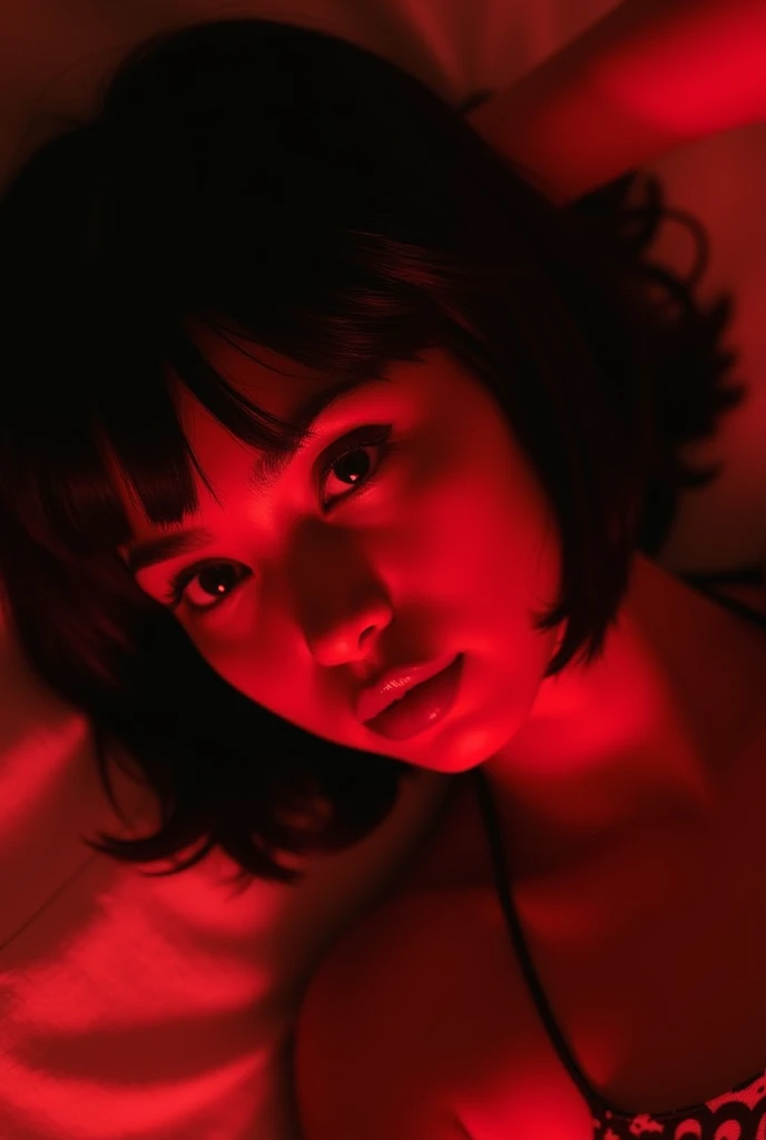 young black-eyed woman with short black hair to the shoulder brazilian realistic photo lying on a bed with red light, whole body, format in 1080 x 566 pixels

