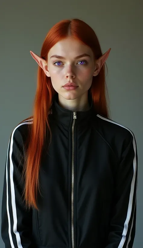 A girl, violet eyes, straight red hair , Black jacket with zipper and white stripes on the sleeves, Pointy elf-like ears, standing posture, Thinking in the future, Soft and uniform lighting, simple and focused atmosphere, front view photography.