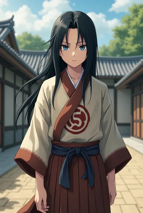 A boy, masculine, screen capture, naruto anime style, best qualityer, super high resolution, long black hair falling down, the white eyes, no visible pupils. He wears a kimono with the symbol of the Hyuga clan with a brown belt and neutral colors., wide sl...