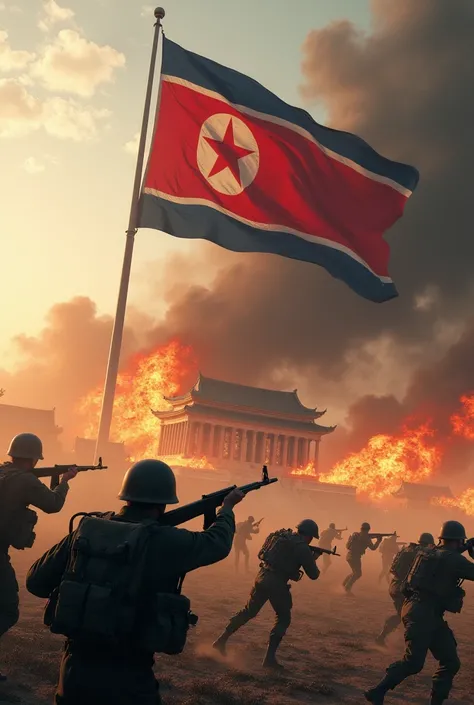 Kumsusan Palace of the Sun on fire in a war scene with a huge flag written OG4 and South Korean soldiers fighting