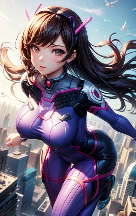 dva from overwatch is flying over the city in her sexy skintight purple jumpsuit. although she only learned how to fly recently,...