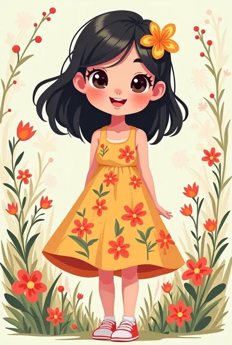 A teenage simple cartoon hero girl that has emphasized flowers around her hair and in her middle sized dress, with little flower vines surrounding her arms and flowers in the background. 