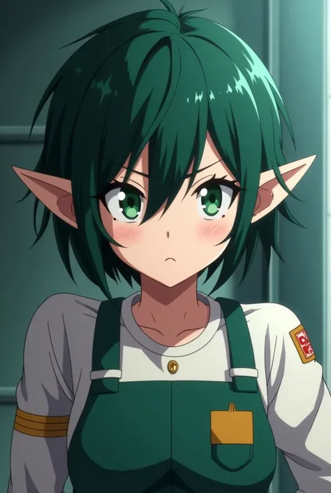 Screenshot of my hero academia, light skinned woman, short dark green hair, light green slanted eyes, Elf&#39;s ears, beautiful and attractive, serious expression 