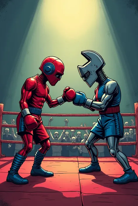 A dramatic comic book-style boxing match between an anthropomorphic French Screw and a Wrench, the Screw wearing a uniform with French flag colors and the Wrench with English flag colors, the scene takes place in a highly stylized boxing ring surrounded by...