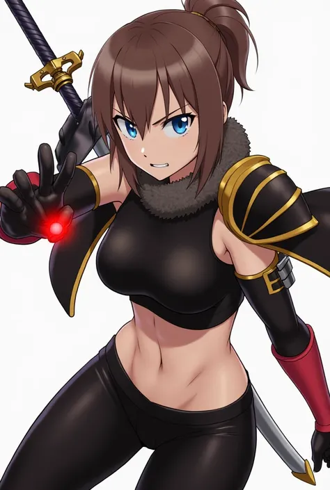 "A fierce anime-style female character with short brown hair tied in a ponytail, sharp blue eyes, and a determined expression. She wears a black cropped top, black gloves with red accents that cover her entire hands, and a fur collar around her neck. She h...