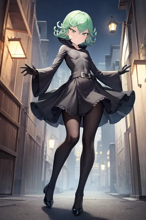 Masterpiece, best quality, ultra detailed, illustration, lighting epic, cinematic composition, 1 girl, Tatsumaki, short hair, green hair, very small breasts, green eyes, bright eyes, pouting, blushing, closed mouth, piercing gaze, full body, Slim body, Gre...